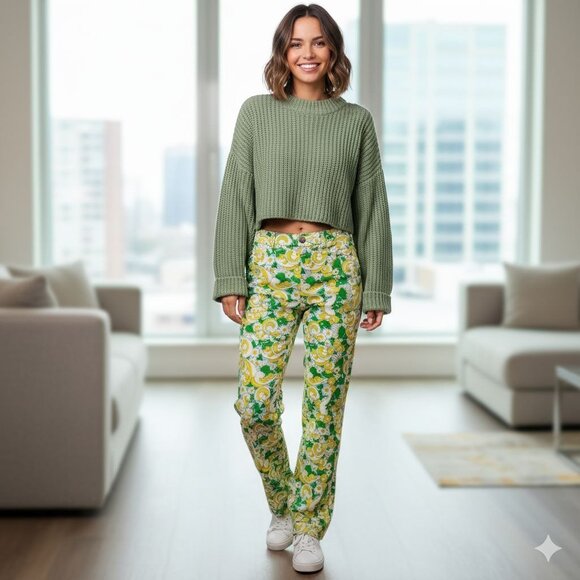 ZARA Retro 70s Green Yellow Paisley Print High Waist Pants Women's Size Medium - Picture 5 of 15